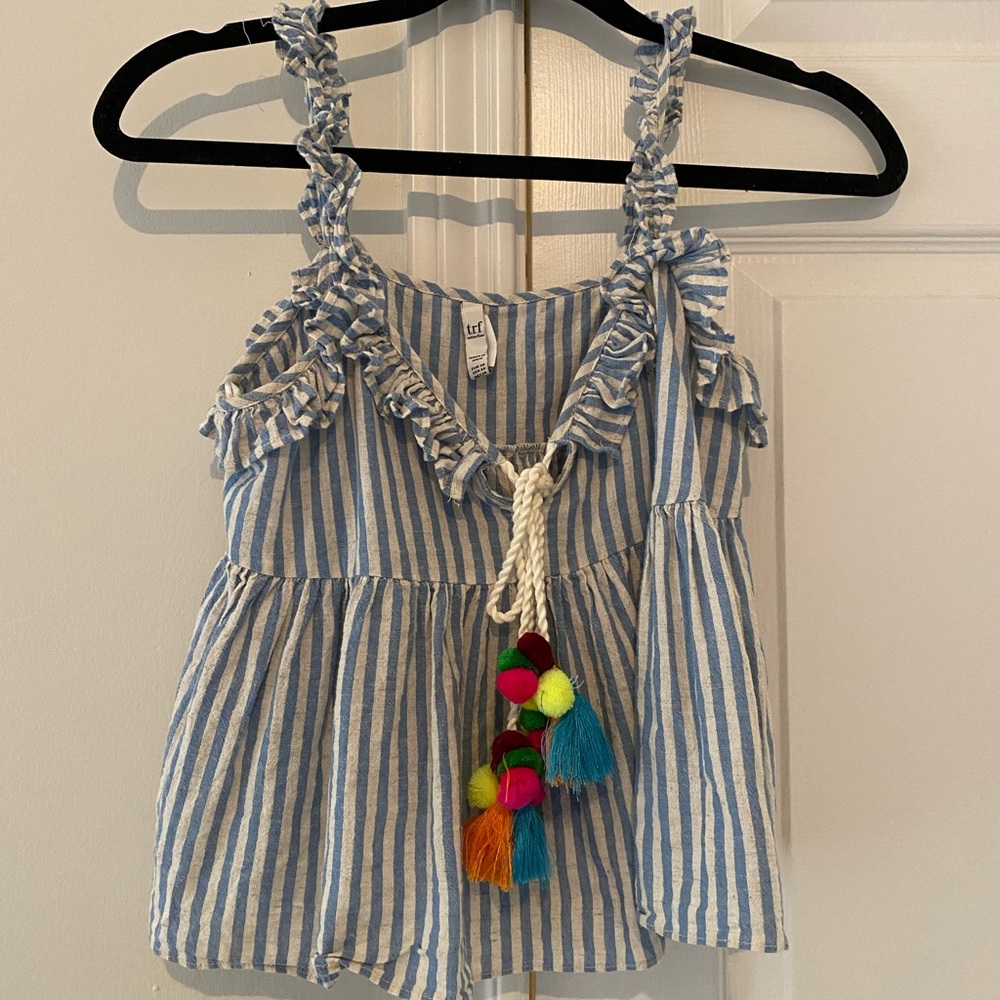 Zara top with colorful pom poms
